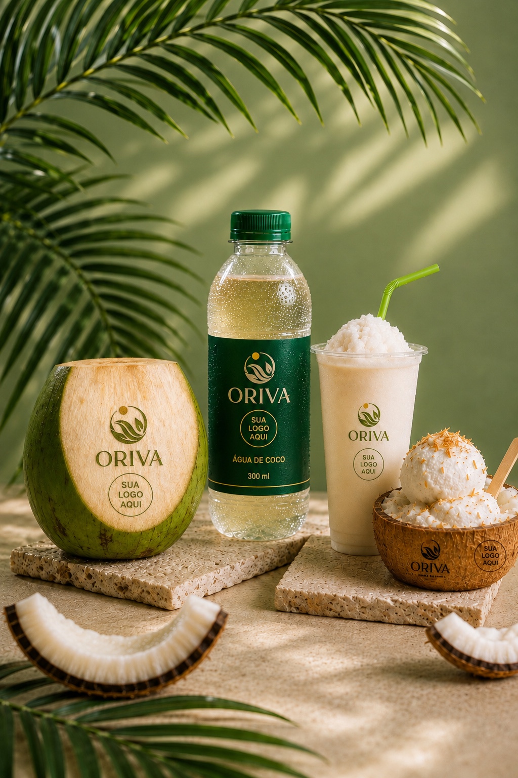 Linha de produtos Oriva personalizados para ativação de marca: coco, água de coco, nevada e sorvete