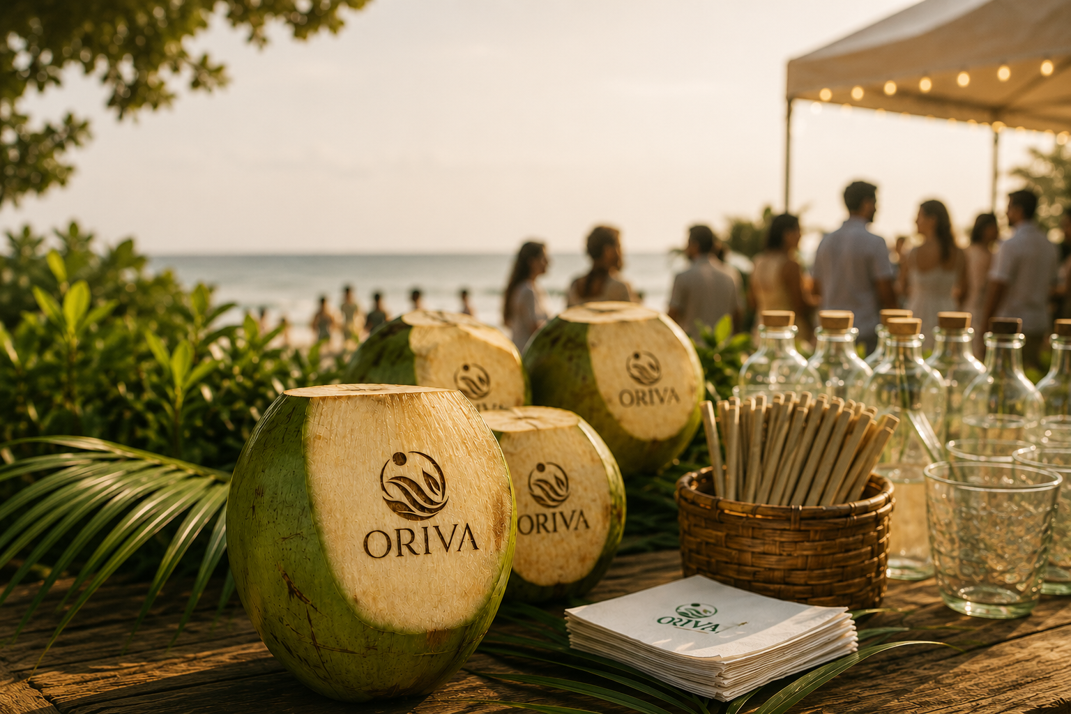 Cocos verdes personalizados com a marca Oriva sobre mesa de madeira em evento à beira-mar