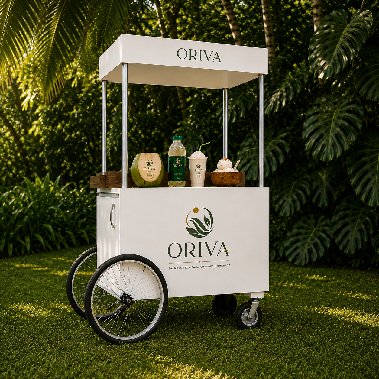 Carrinho personalizado Oriva com produtos expostos em jardim