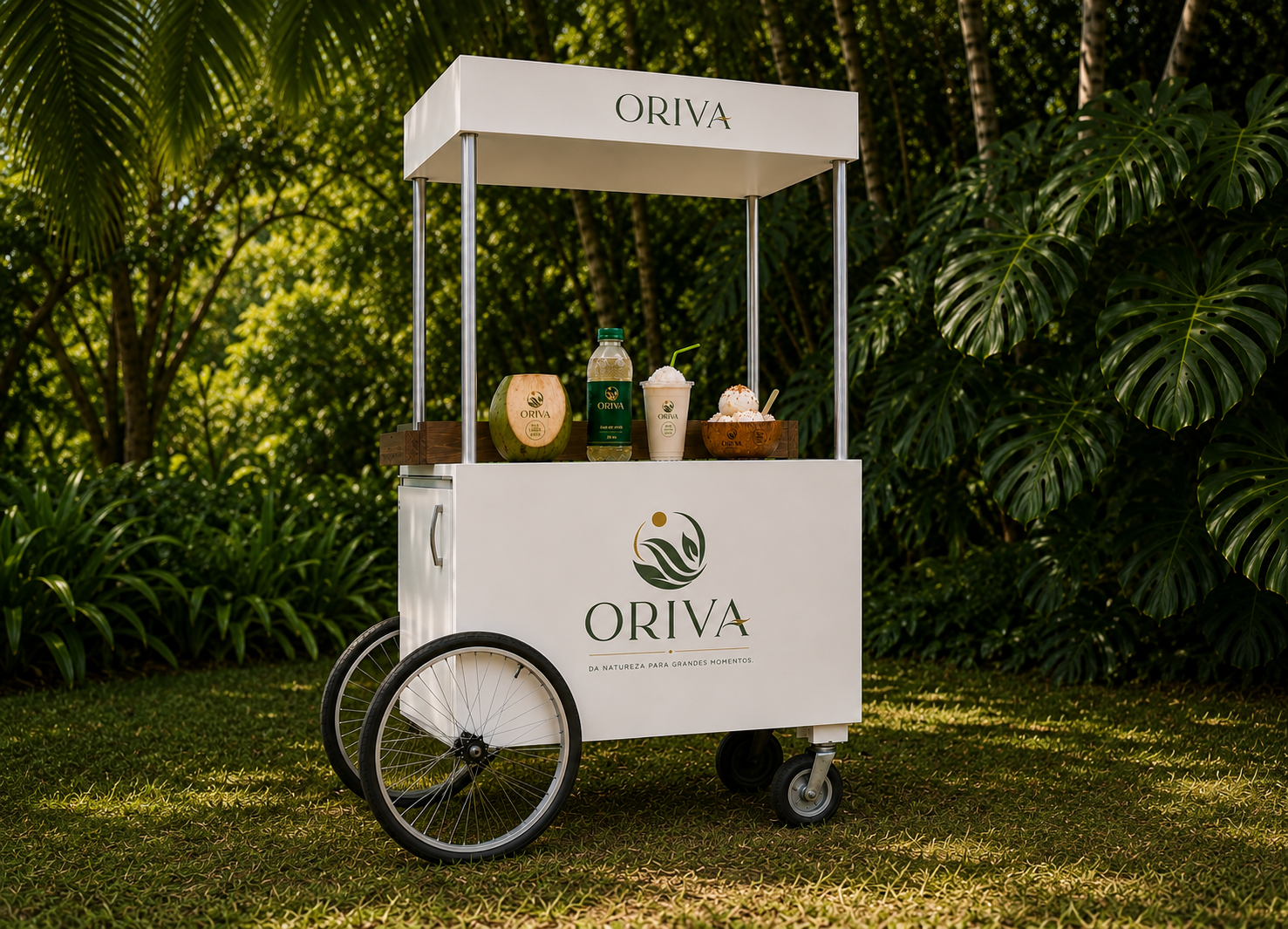 Carrinho Oriva personalizado com produtos expostos em jardim