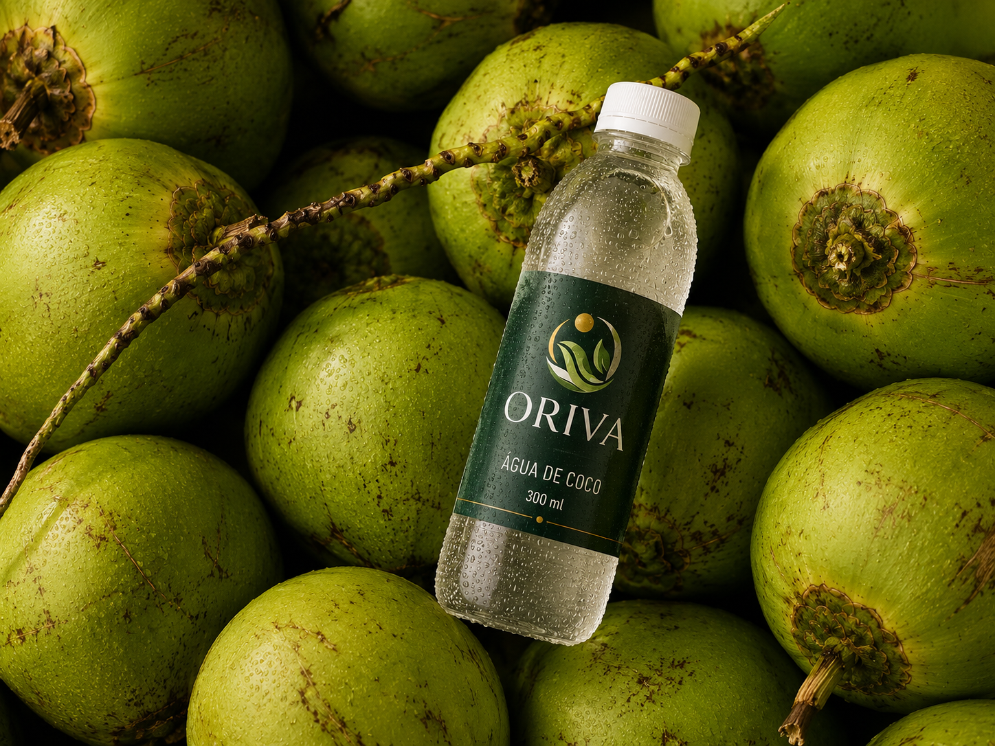 Água de coco Oriva em garrafa com rótulo verde e dourado sobre folhagem