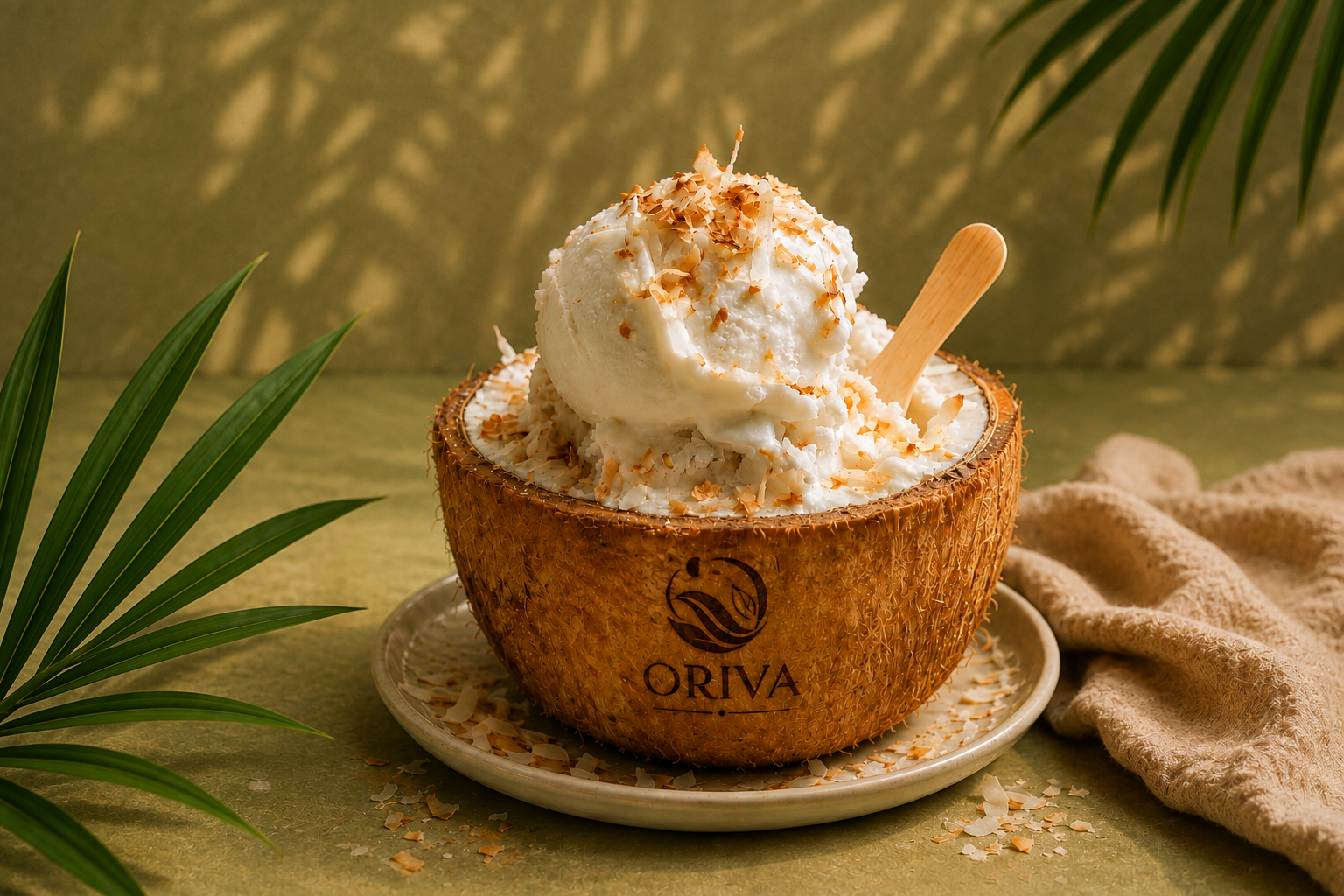 Sorvete servido no coco com a marca Oriva gravada na casca
