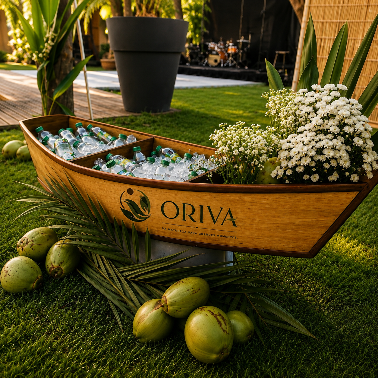 Barca personalizada Oriva com garrafas de água de coco no gelo e flores