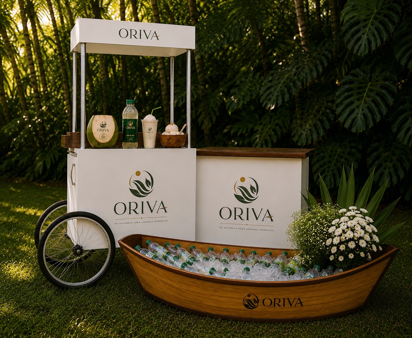 Estação Oriva para eventos com cocos verdes e garrafas de água de coco