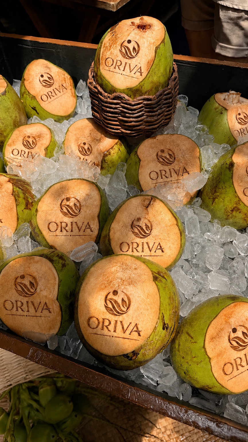 Cocos verdes Oriva sobre gelo, personalizados com a marca, prontos para servir