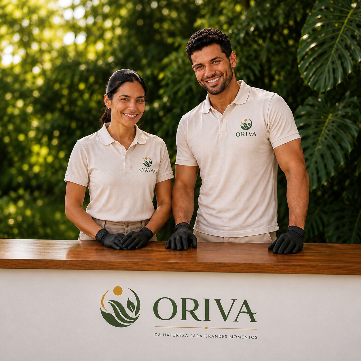 Equipe Oriva uniformizada atrás do balcão durante evento ao ar livre